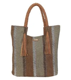 Sun N Sand Striped Shoulder Tote W/ Faux Leather Tassels -Swimwear Outlet 8637041574056 brown