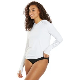 TYR Women's SunDefense Long Sleeve Hooded UPF 50+ Swim Shirt 34 TYR Women's SunDefense Long Sleeve Hooded UPF 50+ Swim Shirt -Swimwear Outlet 8641229717672 white 4a