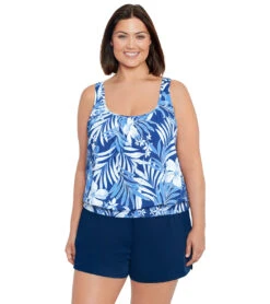 Shape Solver By Penbrooke Women's Plus Size In My Blues Shirred Neck Blouson Tankini Top