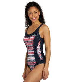Sunmarin Women's Scoop Neck Geometric Stripe One Piece Swimsuit 12 Sunmarin Women's Scoop Neck Geometric Stripe One Piece Swimsuit -Swimwear Outlet 8642836398248 nightbluered 4a
