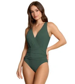 Jantzen Women's Jewel Solid Portrait Back One Piece Swimsuit -Swimwear Outlet 8645895520424 goddessgreen 1a
