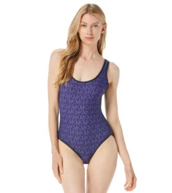 Michael Kors Women's Signature Logo Scoop Neck One Piece Swimsuit -Swimwear Outlet 8647616594088 newnavy