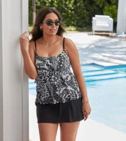 Longitude Women's Flutter Ruffle Faux Skirtini Long Torso One Piece Swimsuit 14 Longitude Women's Flutter Ruffle Faux Skirtini Long Torso One Piece Swimsuit -Swimwear Outlet 8648566243496 blackwhite 5a