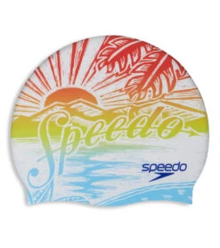 Speedo Printed Silicone Swim Cap -Swimwear Outlet 8667190657192 volcanicorangespeedosunset 1a