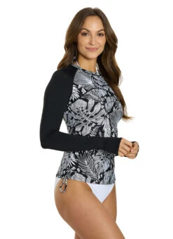 Jantzen X BloqUV Women's Forest Blast UPF 50+ Drawstring Top -Swimwear Outlet 8671124127912 black 2a